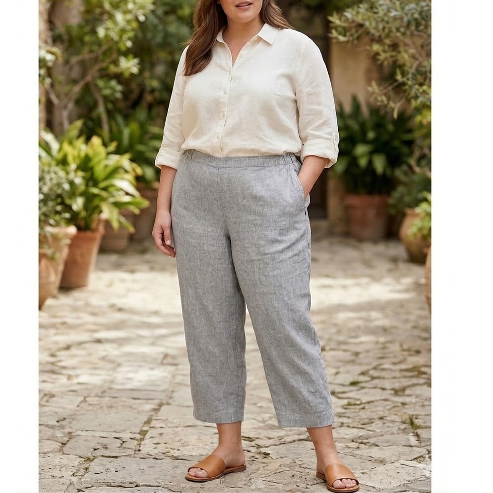 J. Jill Love Linen 100% Gray‎ Wide Leg Pull On Cropped Loose Pants Size M Beach